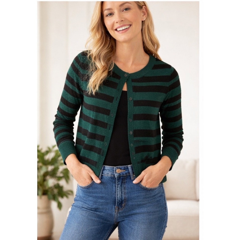 LOFT Womens Striped Crewneck Cardigan Sweater Green Black Button Front Large - Picture 2 of 5